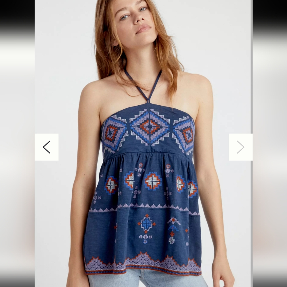 Anthropologie Asha Embroidered Blue Cross Stitch Halter Tank Top Size XS NWT